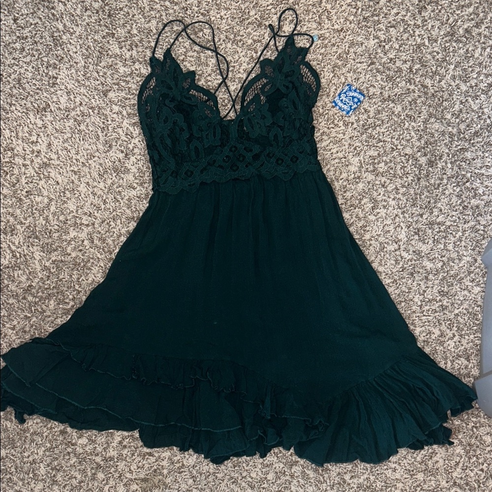 Free People boho, flowy Lace Bodice Spaghetti Strap Mini Dress - Dark Green